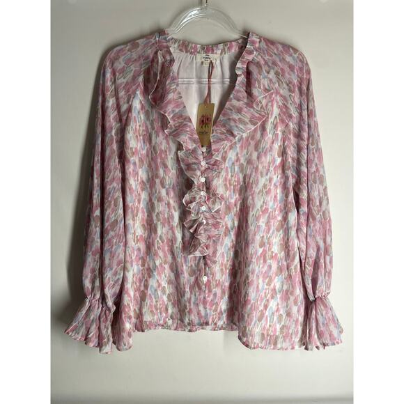 entro Tops - Entro Pink Ruffle Front Blouse Watercolor Print V-neck Size Large NEW